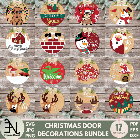 Christmas Front Door Decorations Bundle | Christmas Door Hanger Bundle SVG | Winter Welcome Sign Designs | Glowforge & Cricut Laser Cut Files | Holiday Round Door Signs