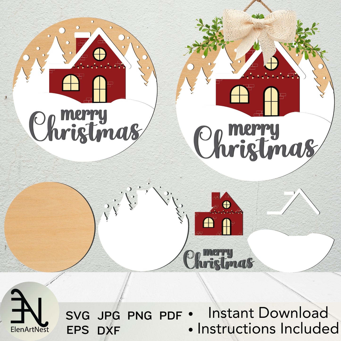 Christmas Cabin Sign SVG | Wood Round Door Hanger | Winter Holiday Sign | Rustic Christmas Svg | Laser Cut File | Glowforge Front Door Sign