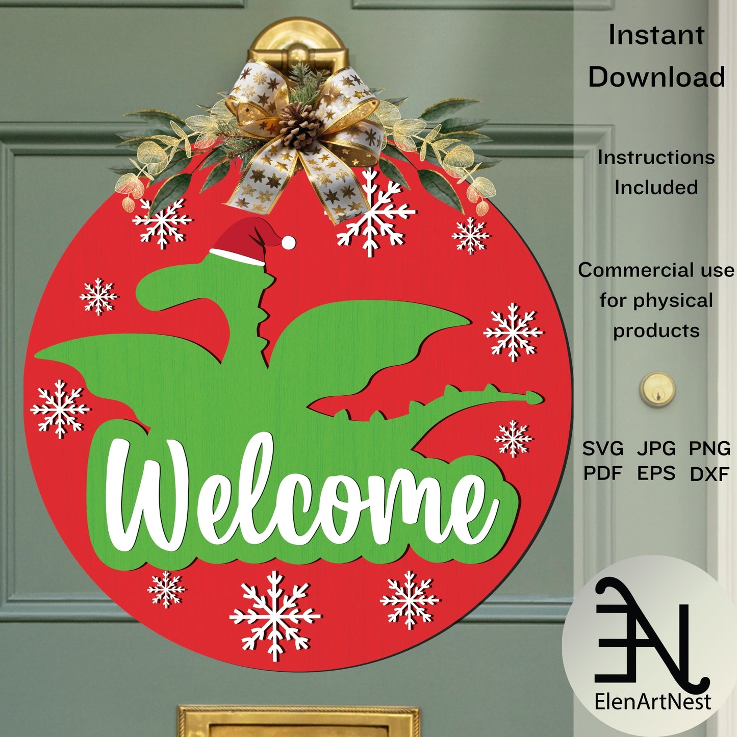 Christmas Dinosaur Welcome Sign Svg | Dinosaur Christmas Decor Svg | Laser Cut File | Holiday Welcome Sign | Glowforge Svg | Cricut Cut File