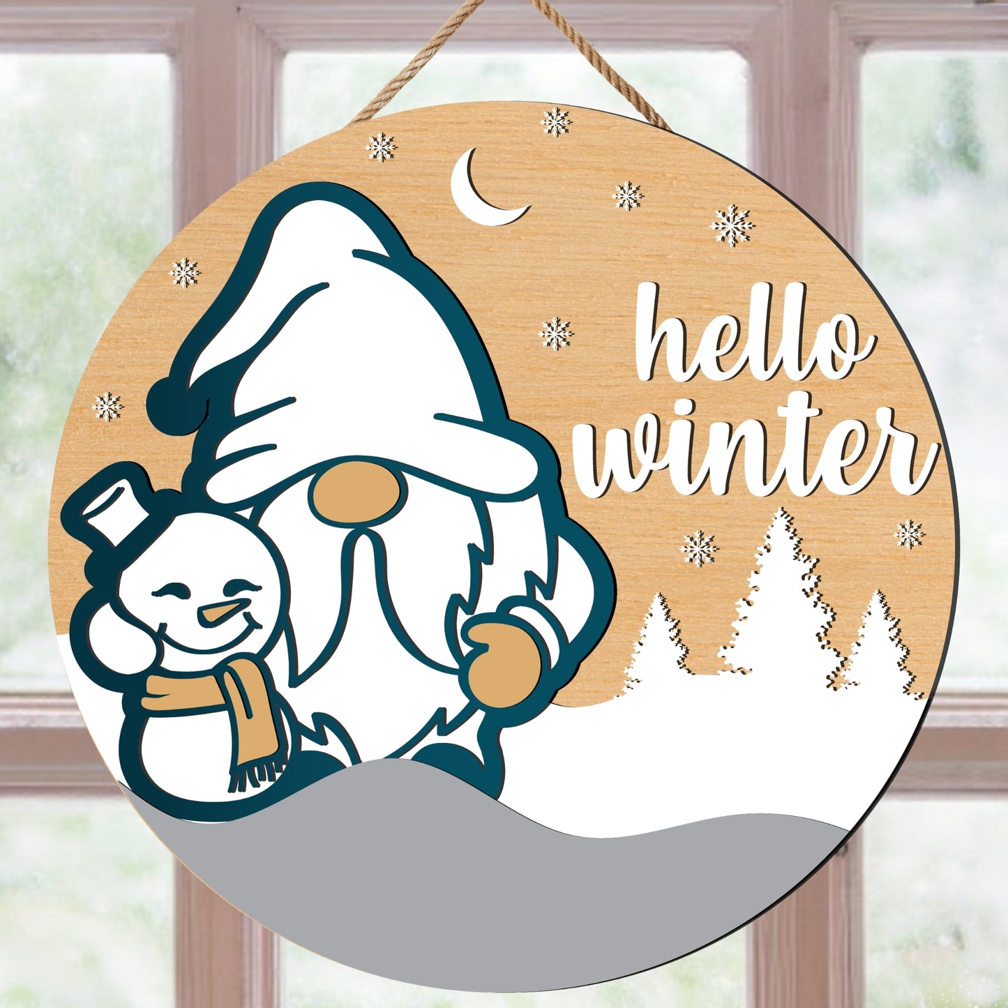 Christmas Gnome Door Hanger SVG | Hello Winter Door Hanger SVG | Holiday Door Decor | Glowforge Files | Cricut Files | Christmas Laser Cut