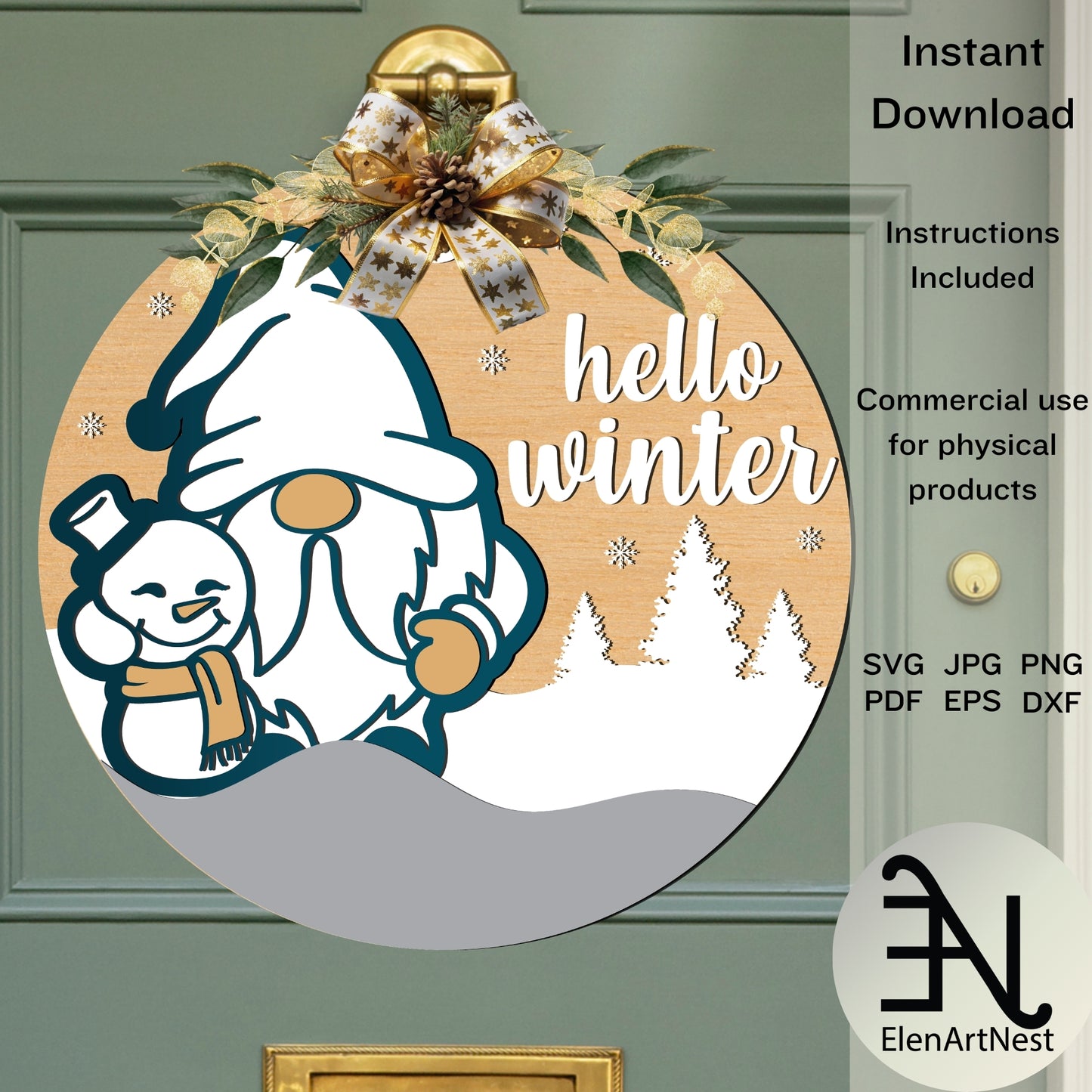 Christmas Gnome Door Hanger SVG | Hello Winter Door Hanger SVG | Holiday Door Decor | Glowforge Files | Cricut Files | Christmas Laser Cut