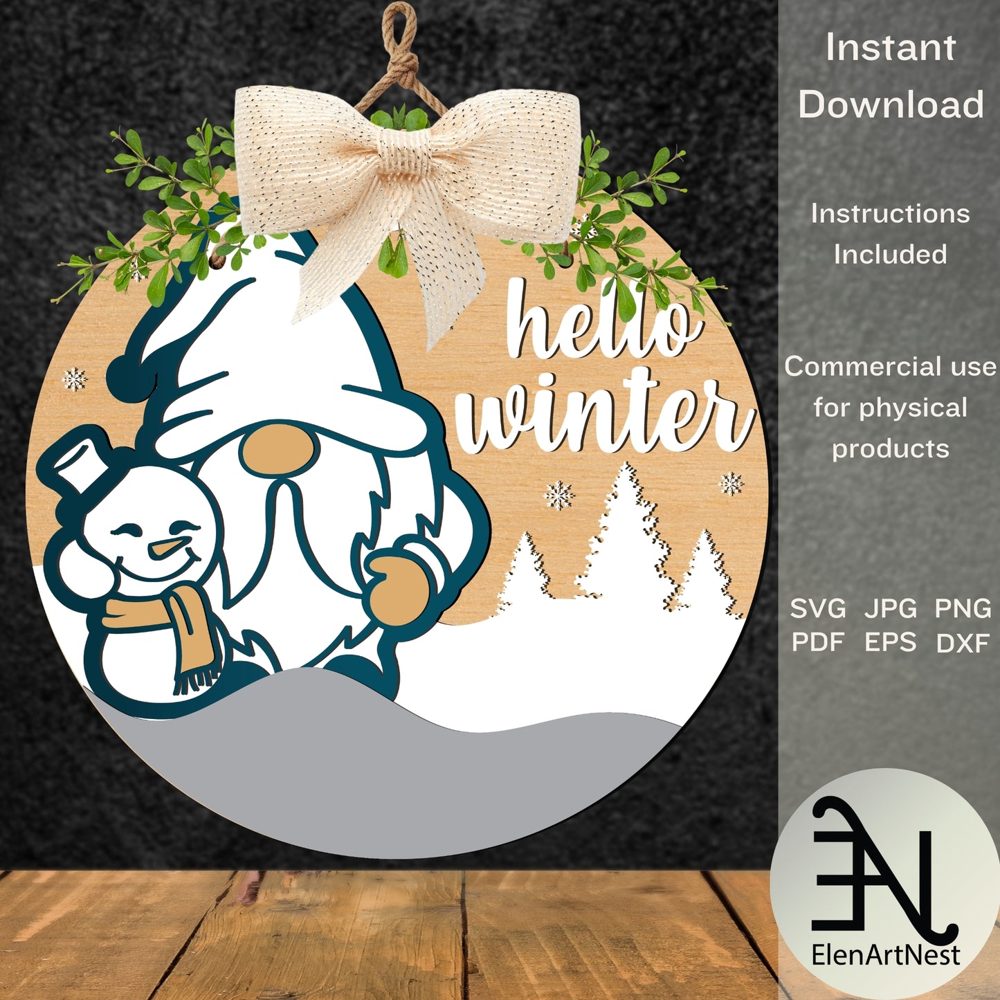 Christmas Gnome Door Hanger SVG | Hello Winter Door Hanger SVG | Holiday Door Decor | Glowforge Files | Cricut Files | Christmas Laser Cut