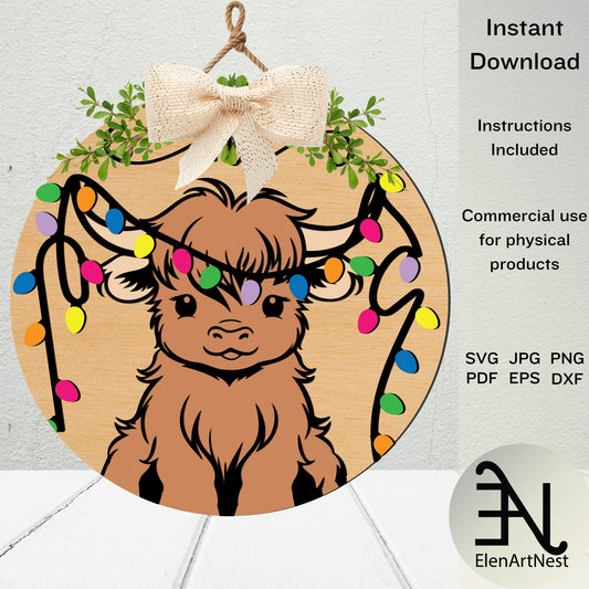 Christmas Highland Cow Door Hanger SVG | Highland Cow Svg | Christmas Welcome Sign Svg | Laser Cut Files | Glowforge Farmhouse Christmas Svg