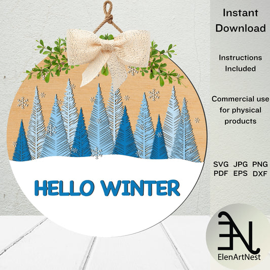 Hello Winter Door Hanger SVG | Winter Welcome Sign SVG | Glowforge Laser Cut Files | Cricut Winter Door Sign Svg | Snowflake Door Hanger SVG