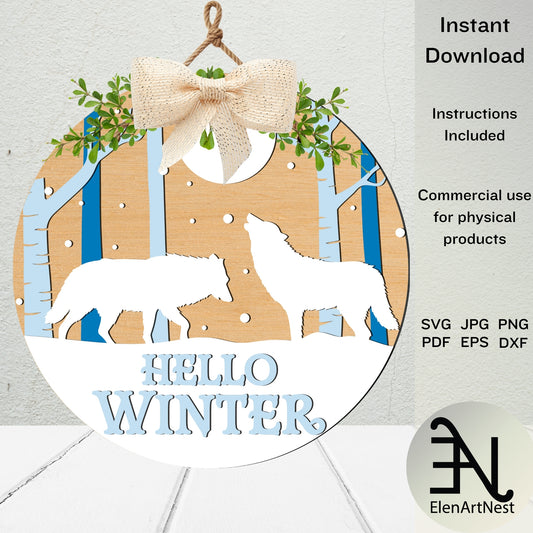 Hello Winter Door Sign SVG | Christmas Round Sign SVG | Winter Door Hanger SVG | Glowforge Laser Cut Files | Rustic Winter Home Decor Svg