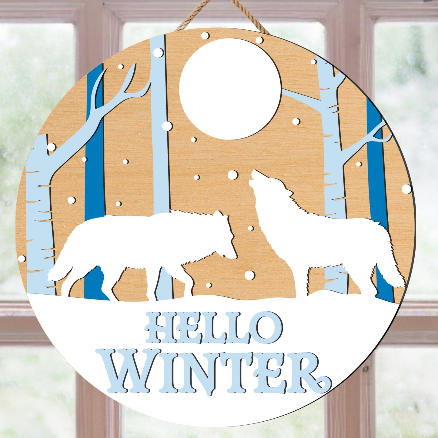 Hello Winter Door Sign SVG | Christmas Round Sign SVG | Winter Door Hanger SVG | Glowforge Laser Cut Files | Rustic Winter Home Decor Svg