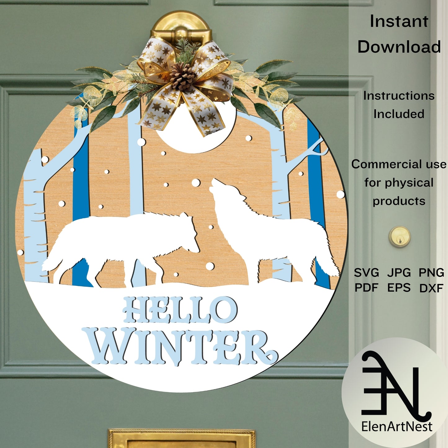 Hello Winter Door Sign SVG | Christmas Round Sign SVG | Winter Door Hanger SVG | Glowforge Laser Cut Files | Rustic Winter Home Decor Svg