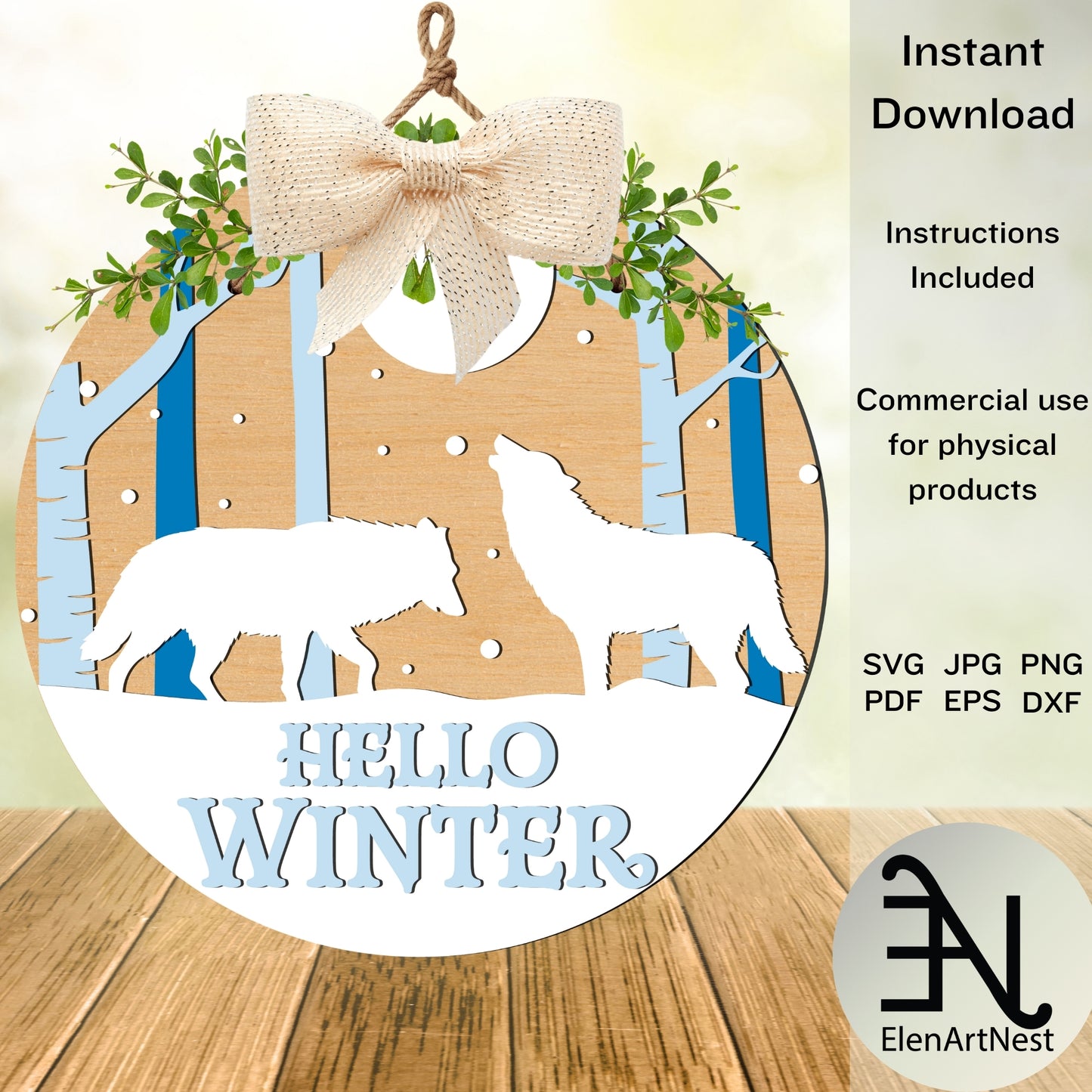 Hello Winter Door Sign SVG | Christmas Round Sign SVG | Winter Door Hanger SVG | Glowforge Laser Cut Files | Rustic Winter Home Decor Svg