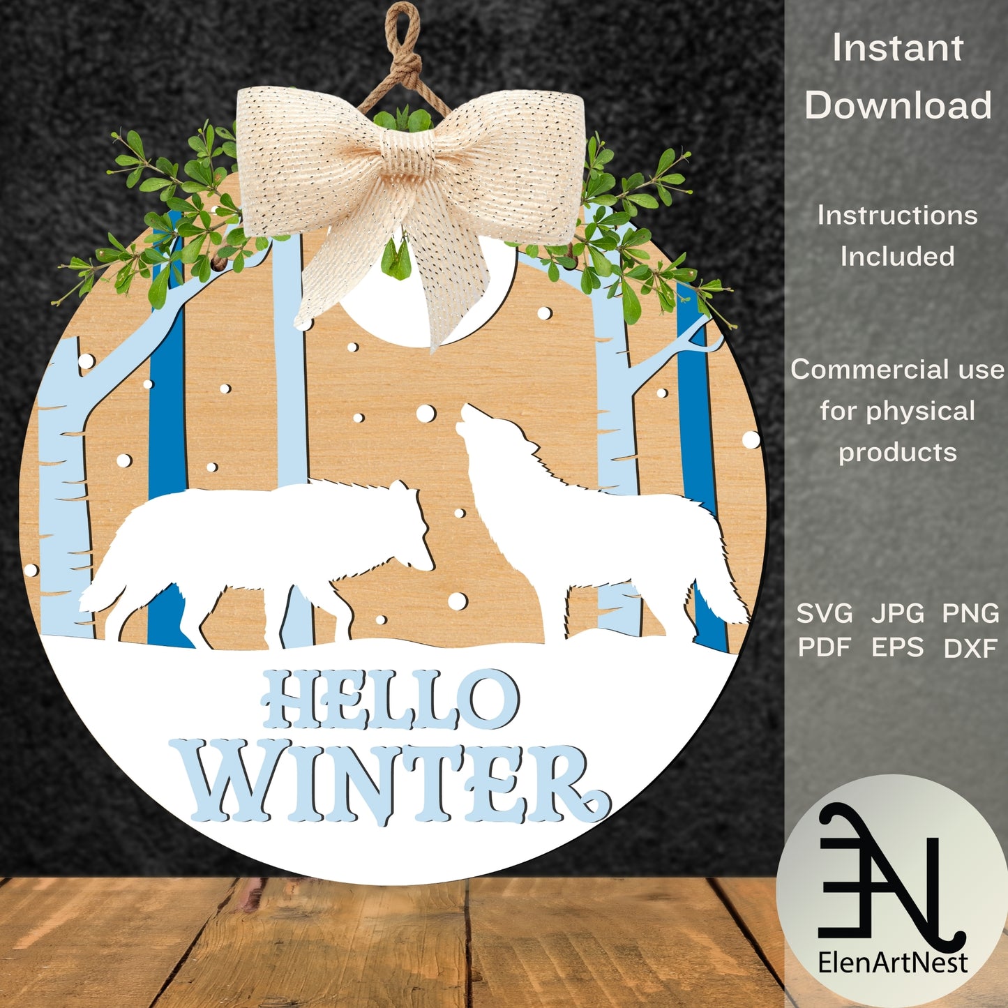 Hello Winter Door Sign SVG | Christmas Round Sign SVG | Winter Door Hanger SVG | Glowforge Laser Cut Files | Rustic Winter Home Decor Svg