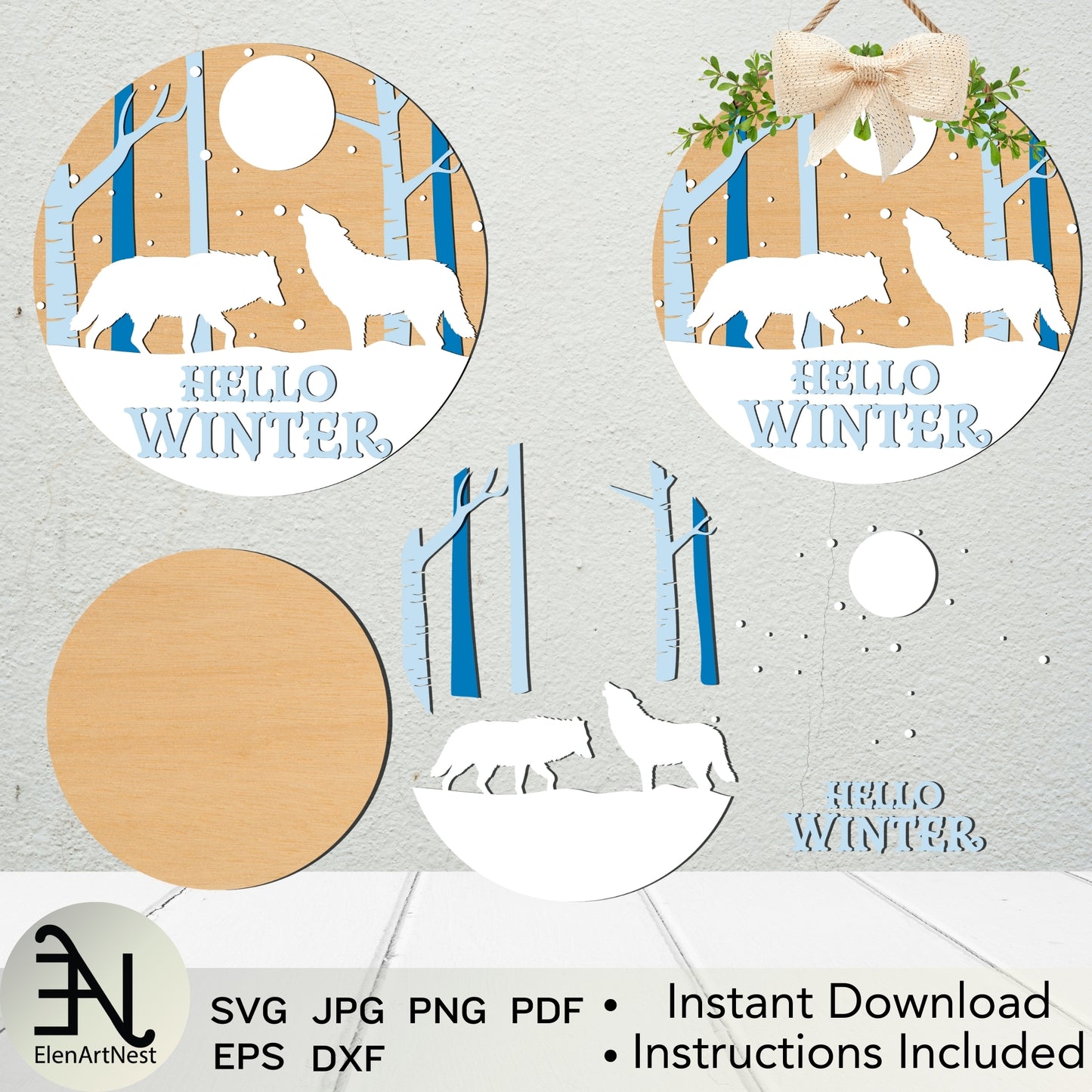 Hello Winter Door Sign SVG | Christmas Round Sign SVG | Winter Door Hanger SVG | Glowforge Laser Cut Files | Rustic Winter Home Decor Svg