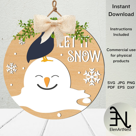 Let It Snow Melted Snowman Sign SVG | Digital Download Winter Door Hanger | Glowforge Laser File | Cricut Holiday Decor | Snowman Sign SVG