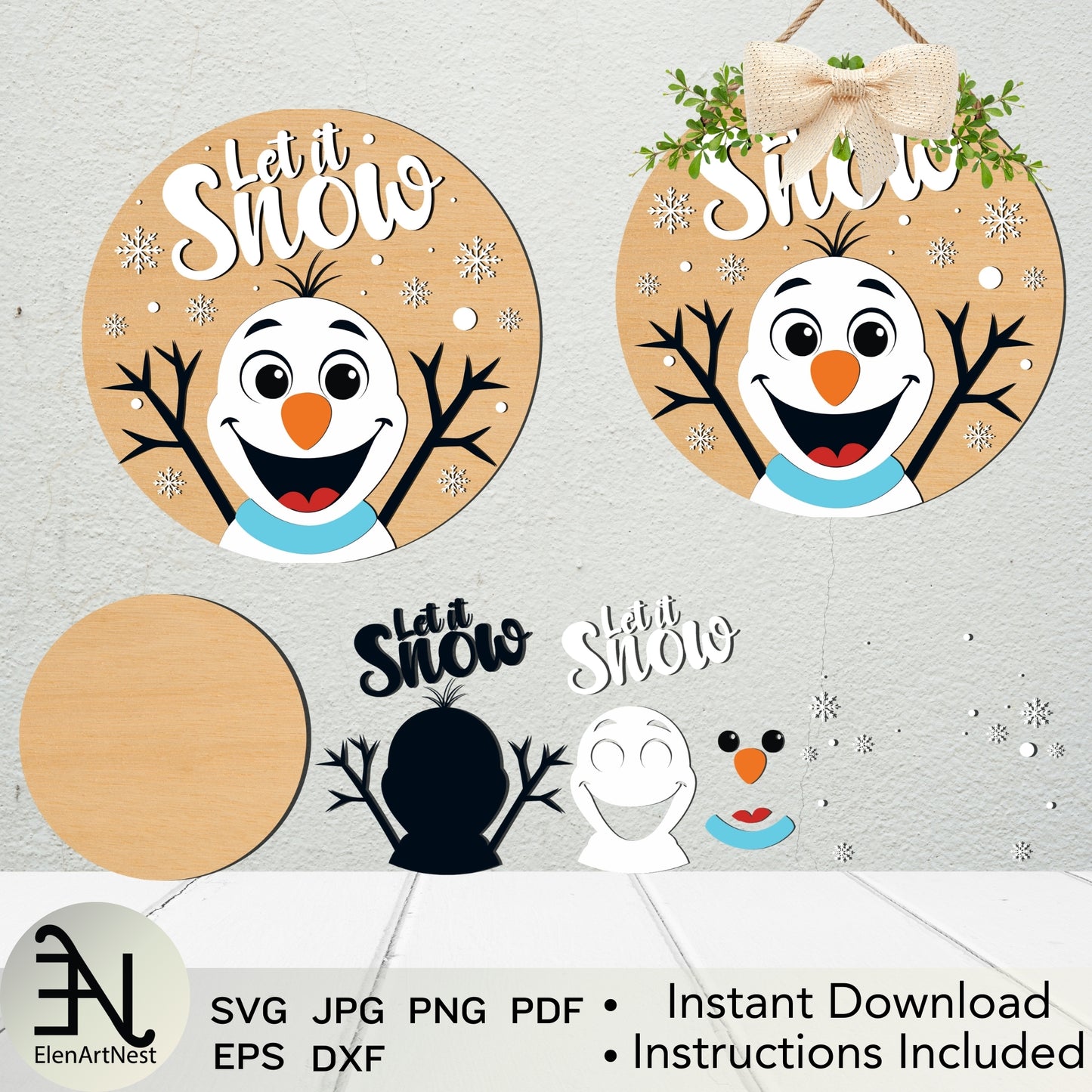 Let It Snow Snowman Door Hanger SVG | Snowman Door Sign SVG | Let It Snow SVG Cut Files | Winter Door Decor Laser Cut Files | Cricut Snowman