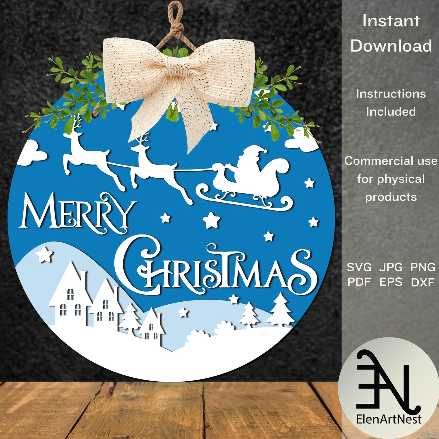 Merry Christmas Santa Sleigh Sign SVG | DIGITAL download Christmas Sign | Laser cut file | Glowforge Christmas sign | Holiday Door Hanger