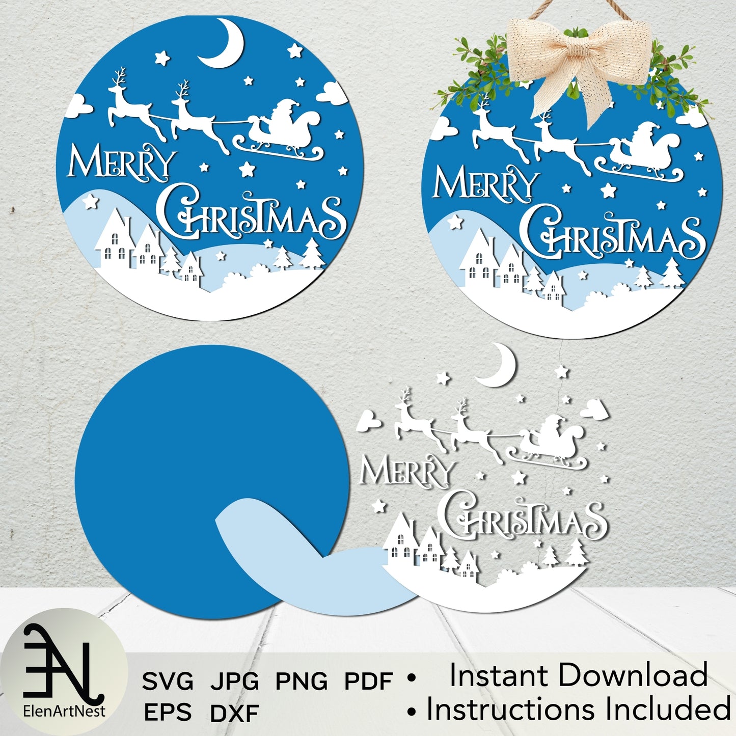 Merry Christmas Santa Sleigh Sign SVG | DIGITAL download Christmas Sign | Laser cut file | Glowforge Christmas sign | Holiday Door Hanger