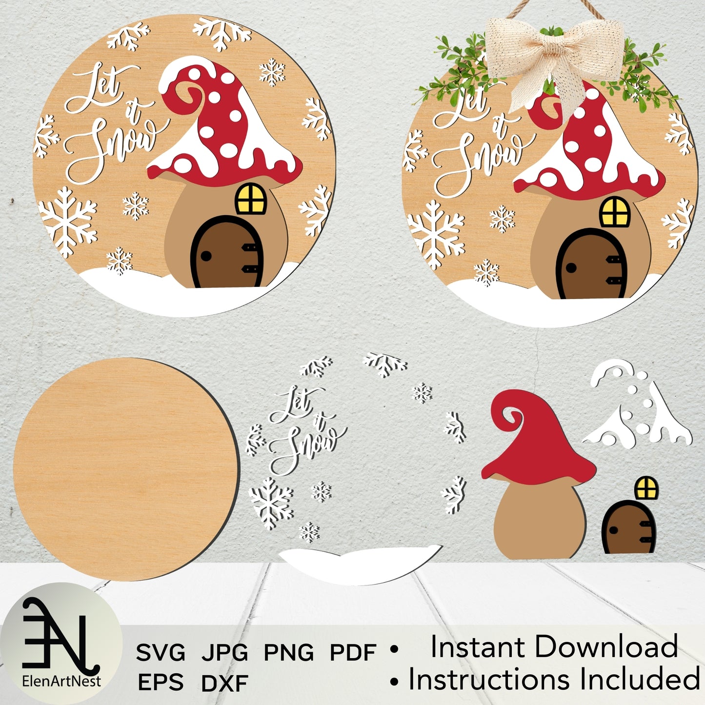 Mushroom Christmas Ornament Sign SVG | Mushroom Svg | Let It Snow Christmas Ornament Svg | Laser Cut Files | Woodland Christmas Decor Svg