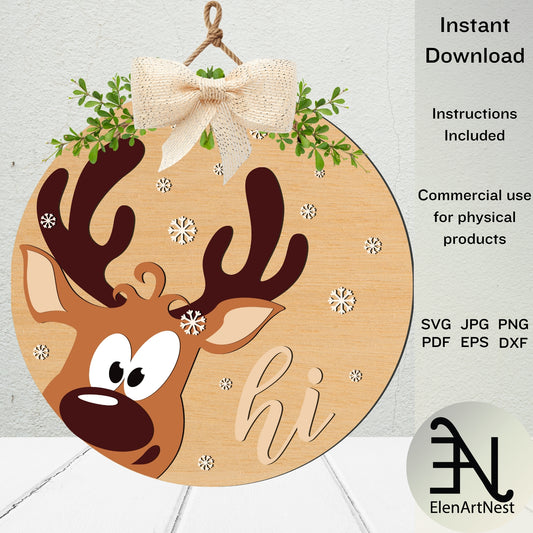 Reindeer Door Hanger SVG | Hi Reindeer Sign SVG | Reindeer SVG Laser Cut File | Christmas Door Hanger Svg | Glowforge Holiday Svg Cut Files