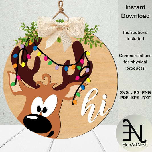 Reindeer Door Sign SVG | Christmas Reindeer Door Hanger SVG | Reindeer Hi Door Sign Cut File | Holiday Door Decor | Reindeer Welcome Sign