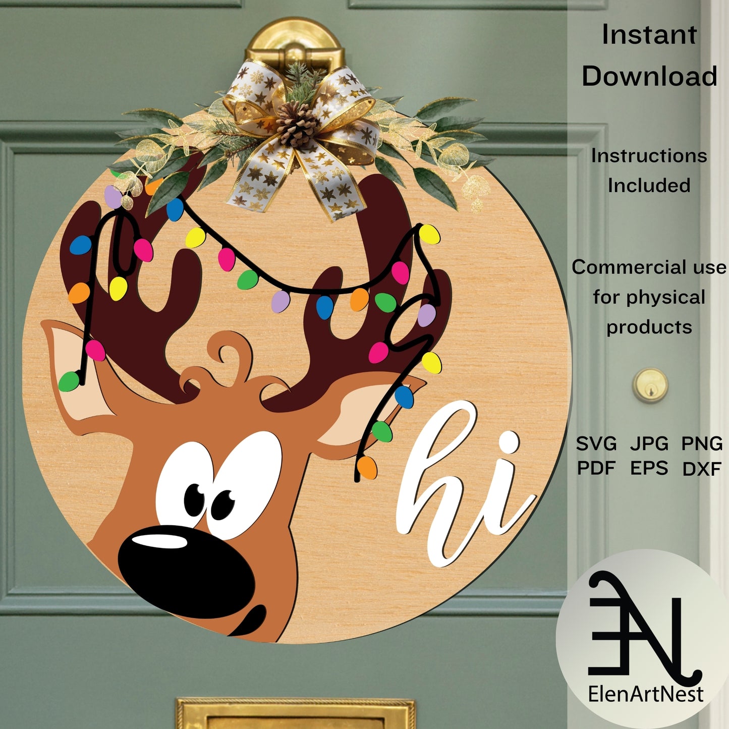 Reindeer Door Sign SVG | Christmas Reindeer Door Hanger SVG | Reindeer Hi Door Sign Cut File | Holiday Door Decor | Reindeer Welcome Sign