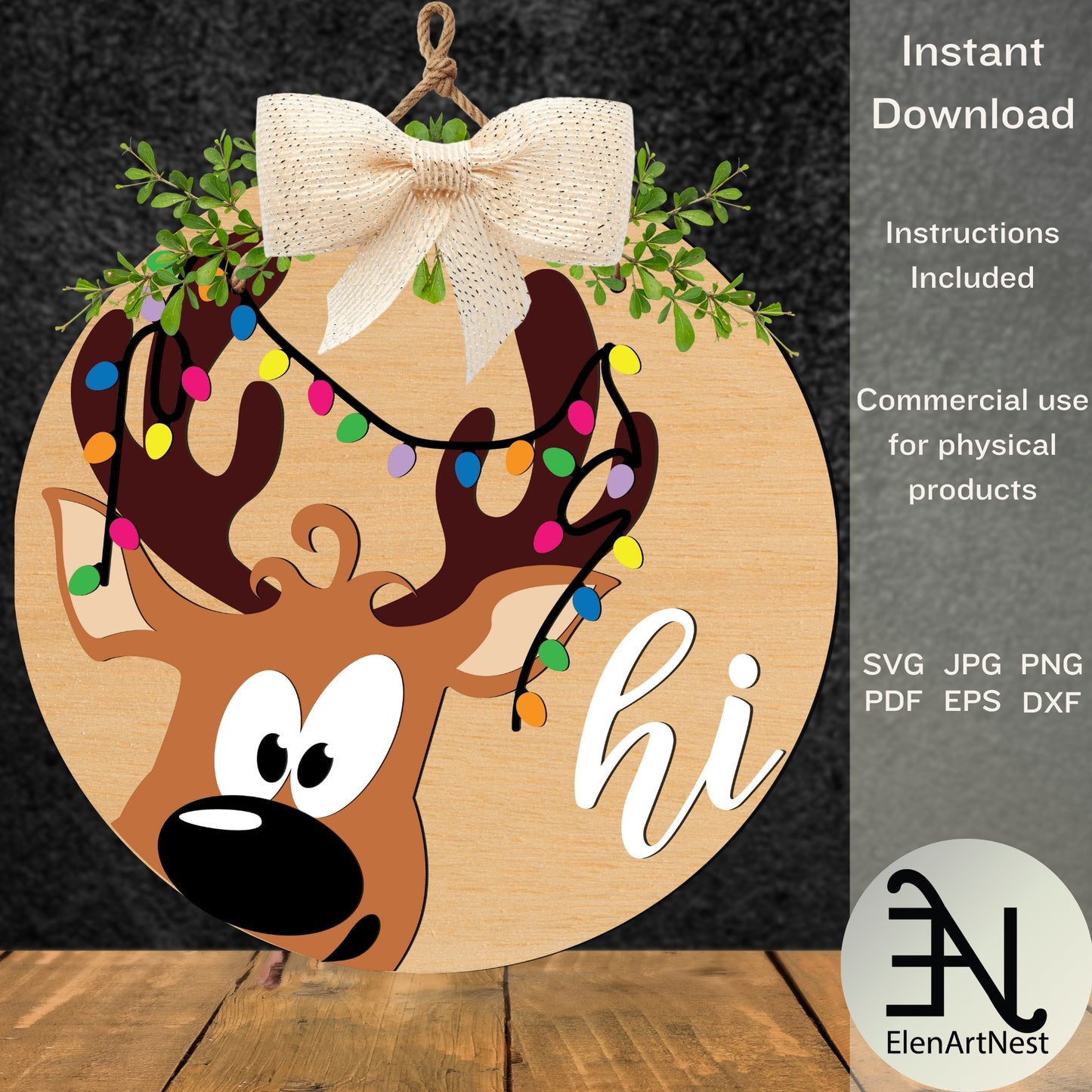 Reindeer Door Sign SVG | Christmas Reindeer Door Hanger SVG | Reindeer Hi Door Sign Cut File | Holiday Door Decor | Reindeer Welcome Sign