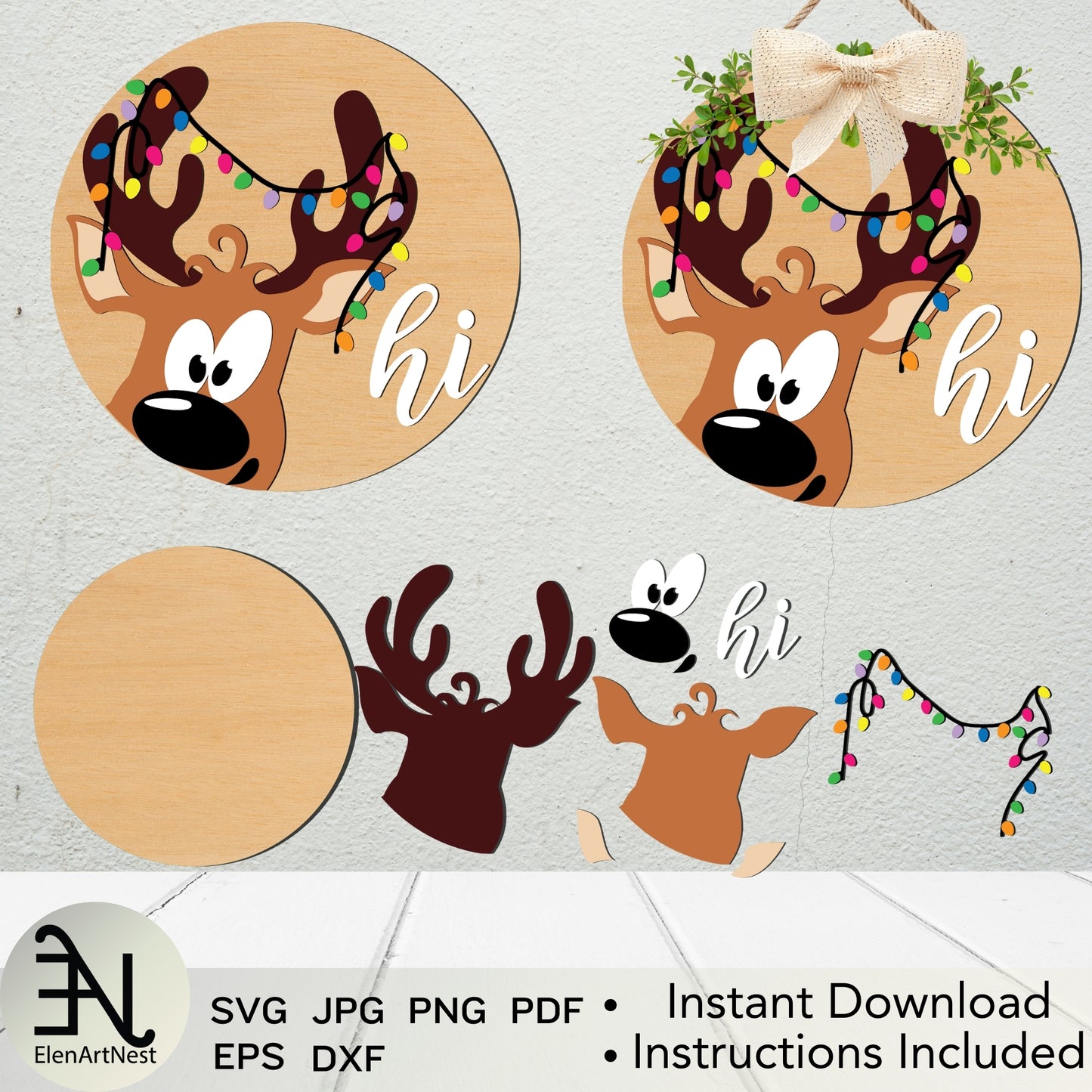 Reindeer Door Sign SVG | Christmas Reindeer Door Hanger SVG | Reindeer Hi Door Sign Cut File | Holiday Door Decor | Reindeer Welcome Sign