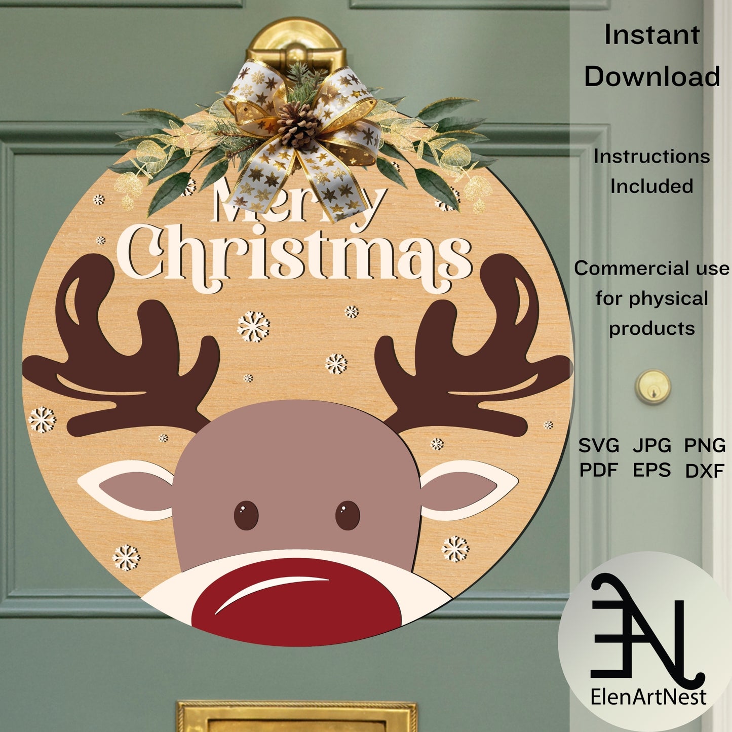 Reindeer Merry Christmas Sign SVG | Christmas Door Sign SVG | Reindeer SVG Files | Laser Cut Christmas Sign | Glowforge Reindeer Door Hanger