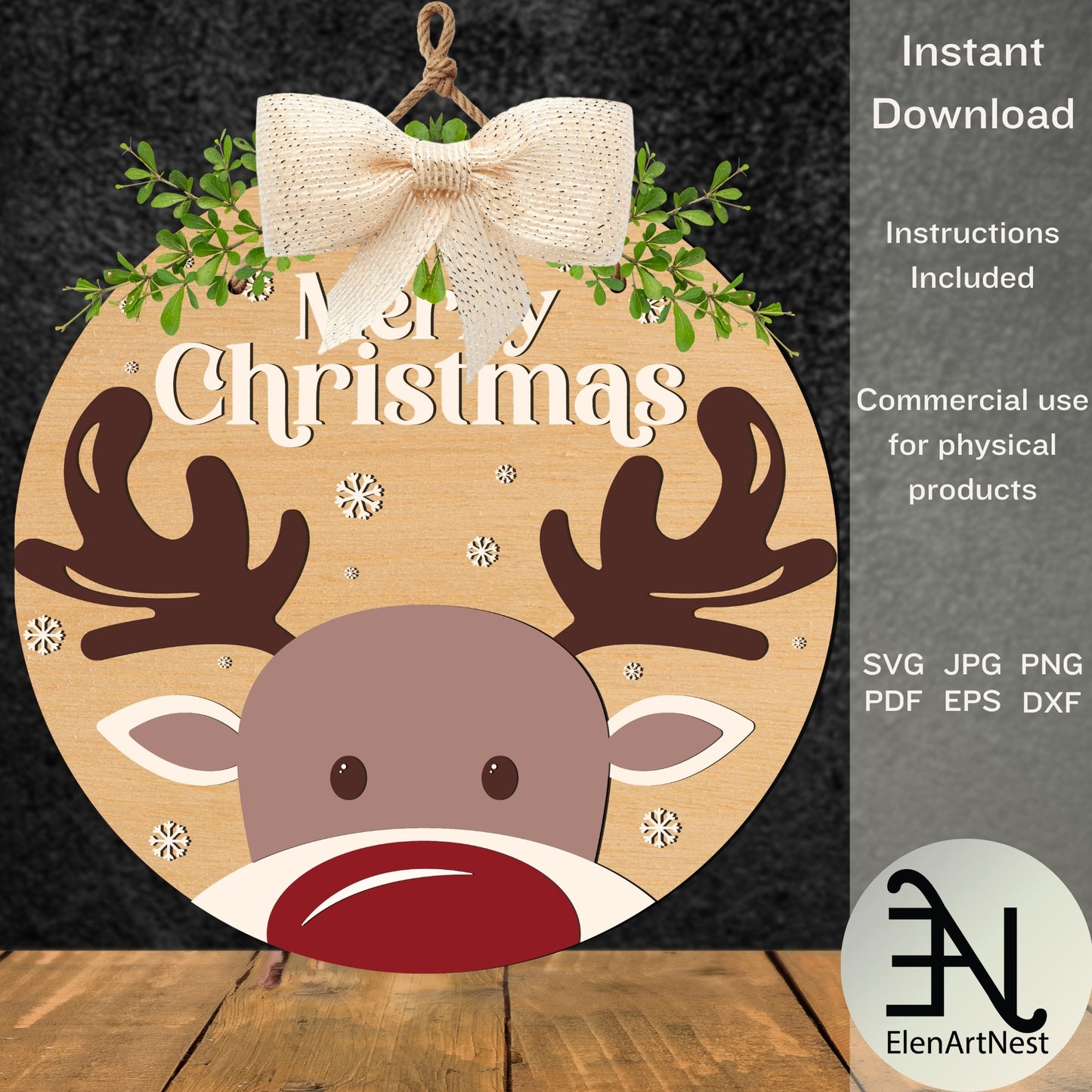 Reindeer Merry Christmas Sign SVG | Christmas Door Sign SVG | Reindeer SVG Files | Laser Cut Christmas Sign | Glowforge Reindeer Door Hanger