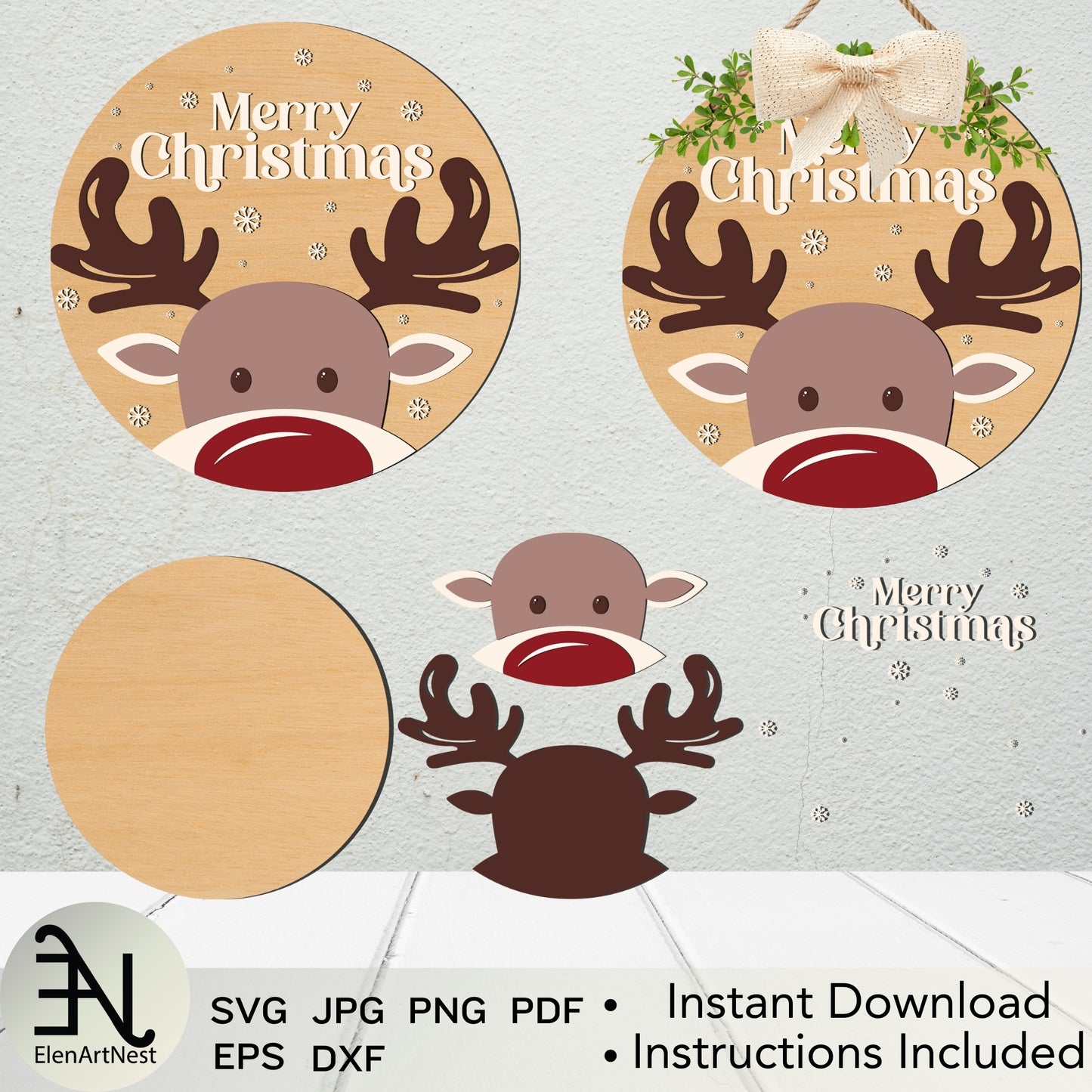 Reindeer Merry Christmas Sign SVG | Christmas Door Sign SVG | Reindeer SVG Files | Laser Cut Christmas Sign | Glowforge Reindeer Door Hanger