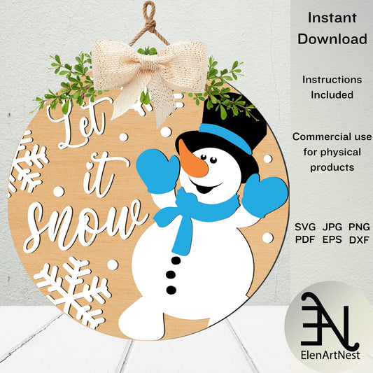 Snowman Door Sign SVG | Let It Snow Snowman Door Hanger SVG | Winter Decor Laser Cut Files | Glowforge & Cricut File | Christmas Snowman SVG